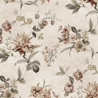 Blommigt tyg i beige med romantiskt bladmönster och blommor i dämpade nyanser av rosa, grönt och beige.