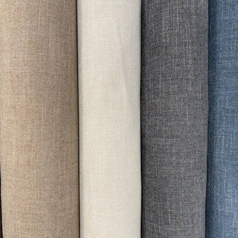 Dallas strukturvävda möbeltyg i färgerna Linne, Sand, Grå och Denim.
