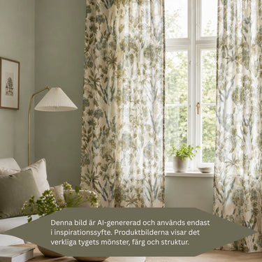 AI-genererad inspirationsbild som visar hur gardintyget Fiona kan se ut som gardiner i ett ljust skandinaviskt vardagsrum. Bilden illustrerar mönster, färger och känsla.