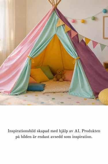 AI-genererad inspirationsbild av ett färgglatt kojtält sytt av lakansväv i rosa, mintgrönt, lila och gult för barnrum och lekhörnor