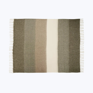Närbild på Quinn-plädens breda ränder i gröna och beige toner